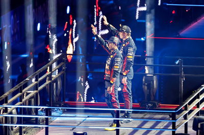 Red Bull drivers Sergio Perez and Max Verstappen during the opening ceremony for the 2023 Las Vegas Grand Prix