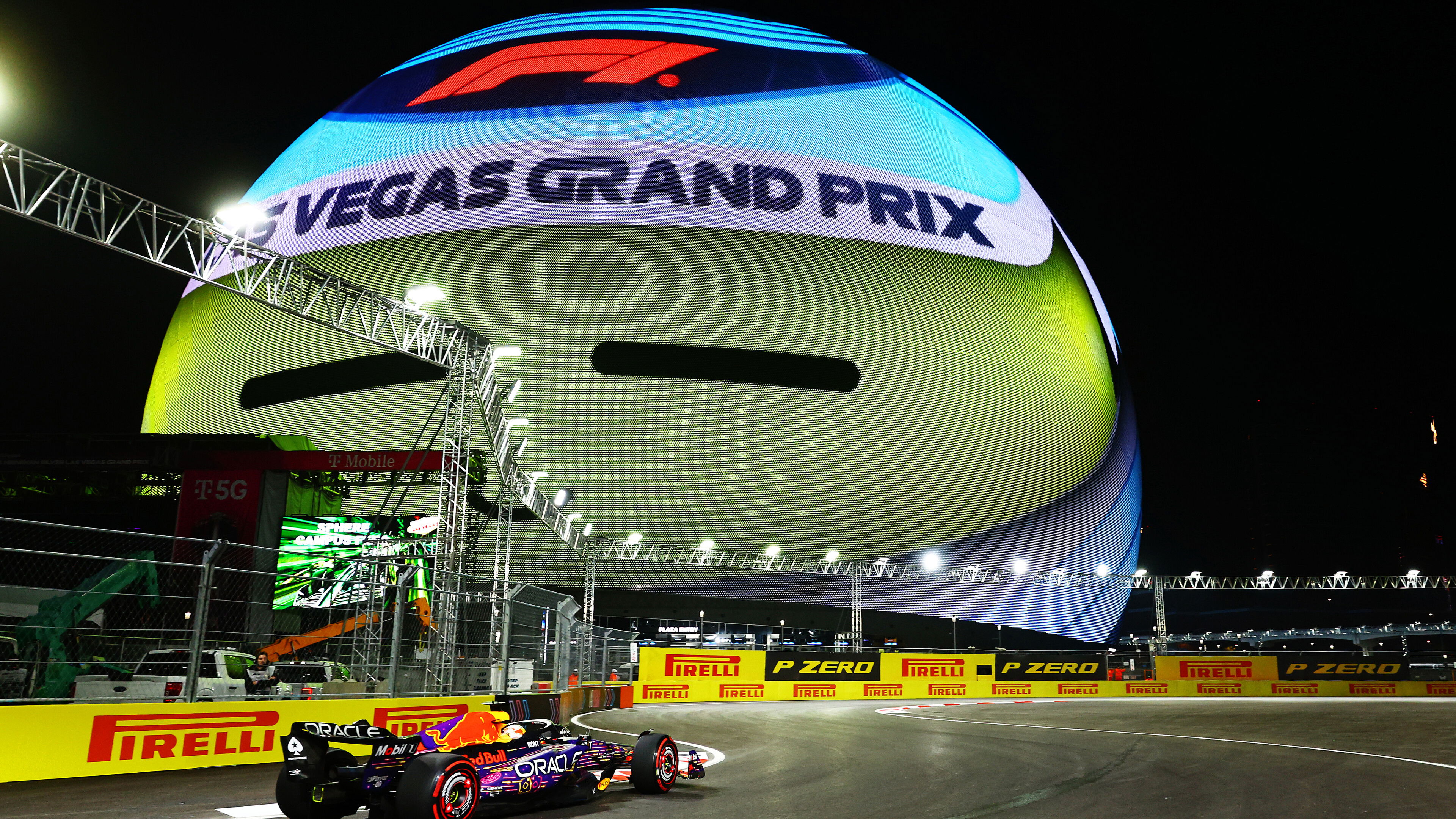 Max Verstappen's Red Bull drives past the Sphere during practice for the 2023 Las Vegas Formula 1 Grand Prix