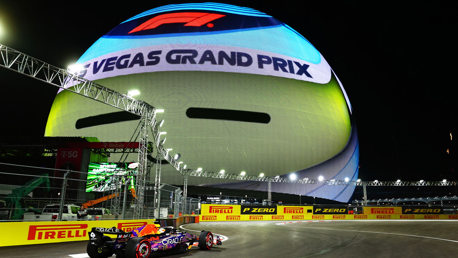 Max Verstappen's Red Bull drives past the Sphere during practice for the 2023 Las Vegas Formula 1 Grand Prix
