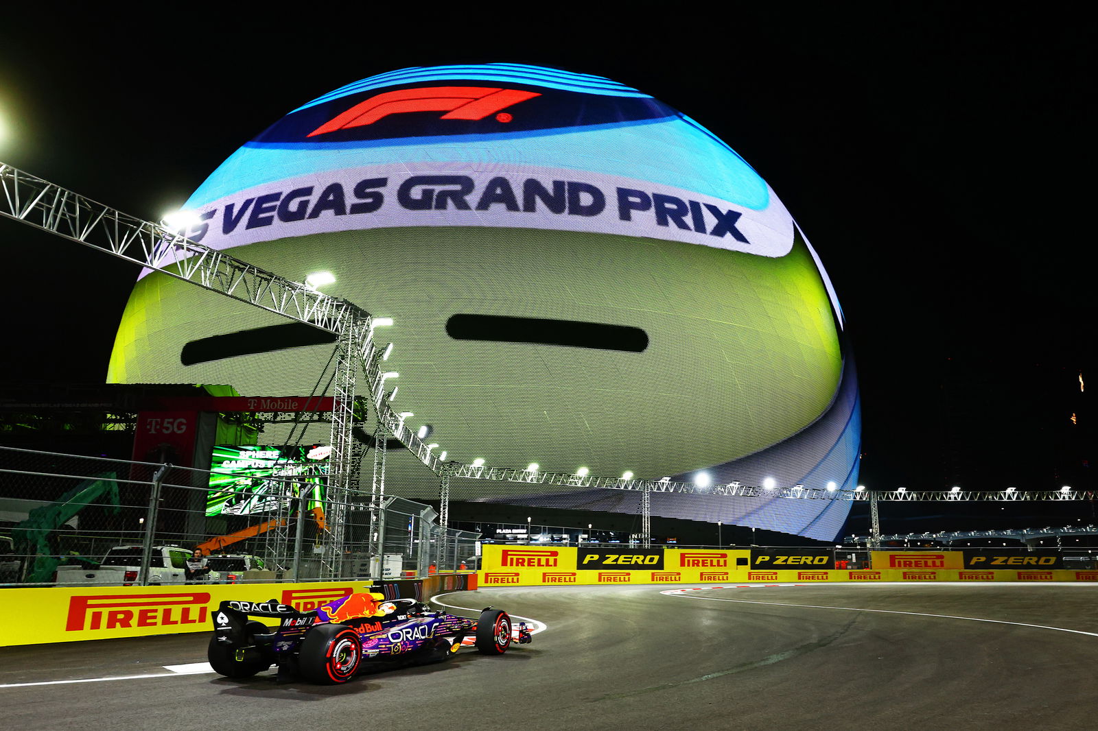 Max Verstappen's Red Bull drives past the Sphere during practice for the 2023 Las Vegas Formula 1 Grand Prix