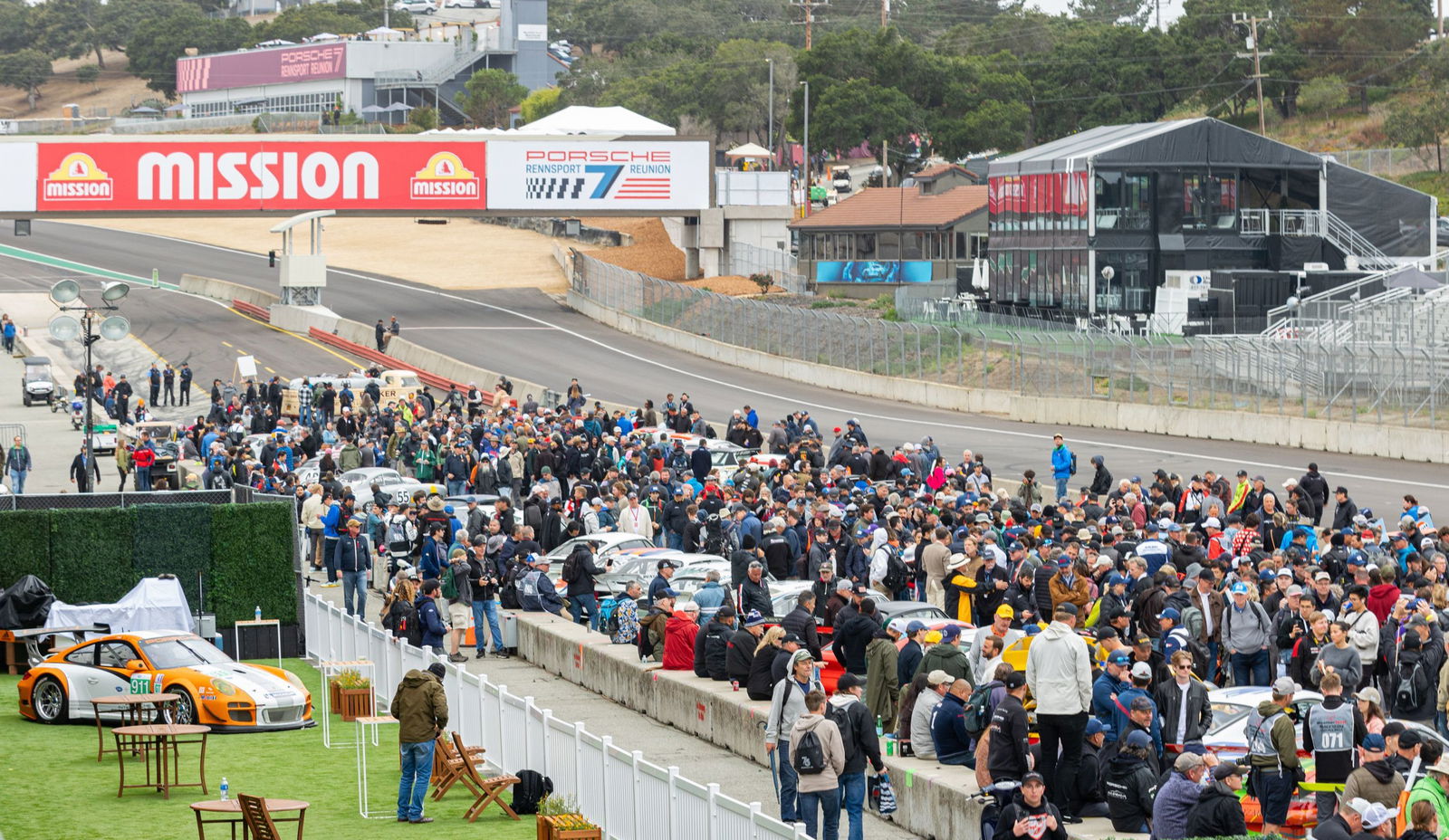 A busy pit lane at Laguna Seca during last year's Porsche Rennsport Reunion