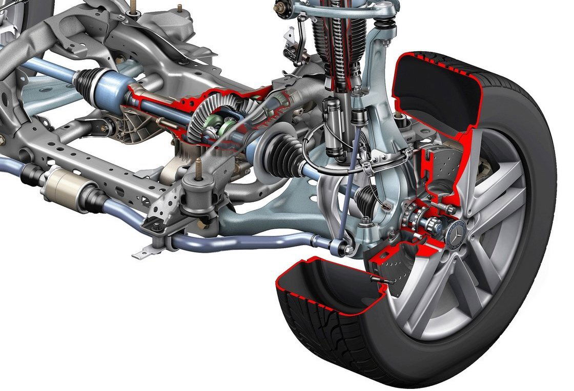 The wheel bearing can be seen just behind the Mercedes logo in this diagram