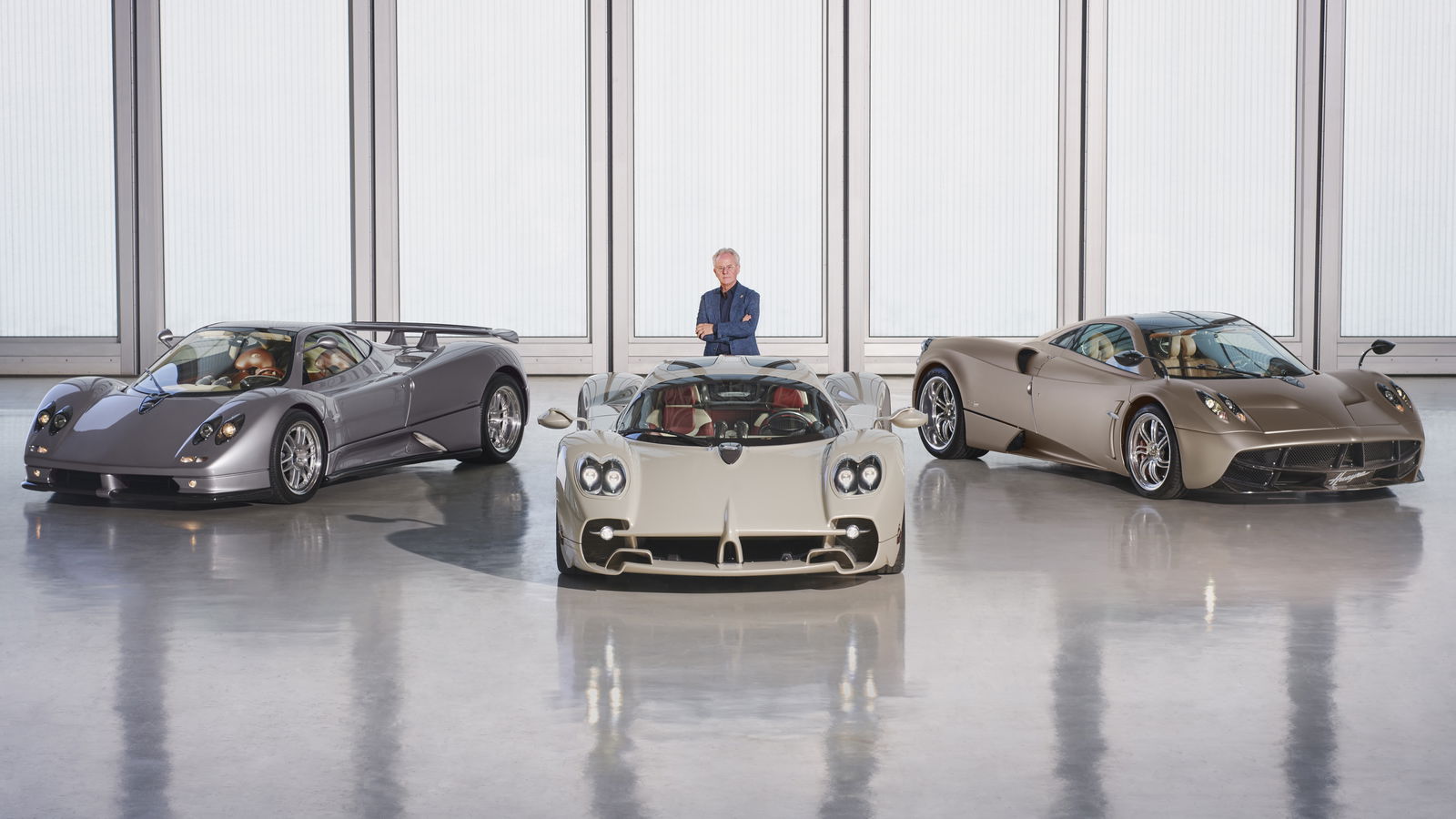 Horacio Pagani with a Zonda, Huayra and Utopia 