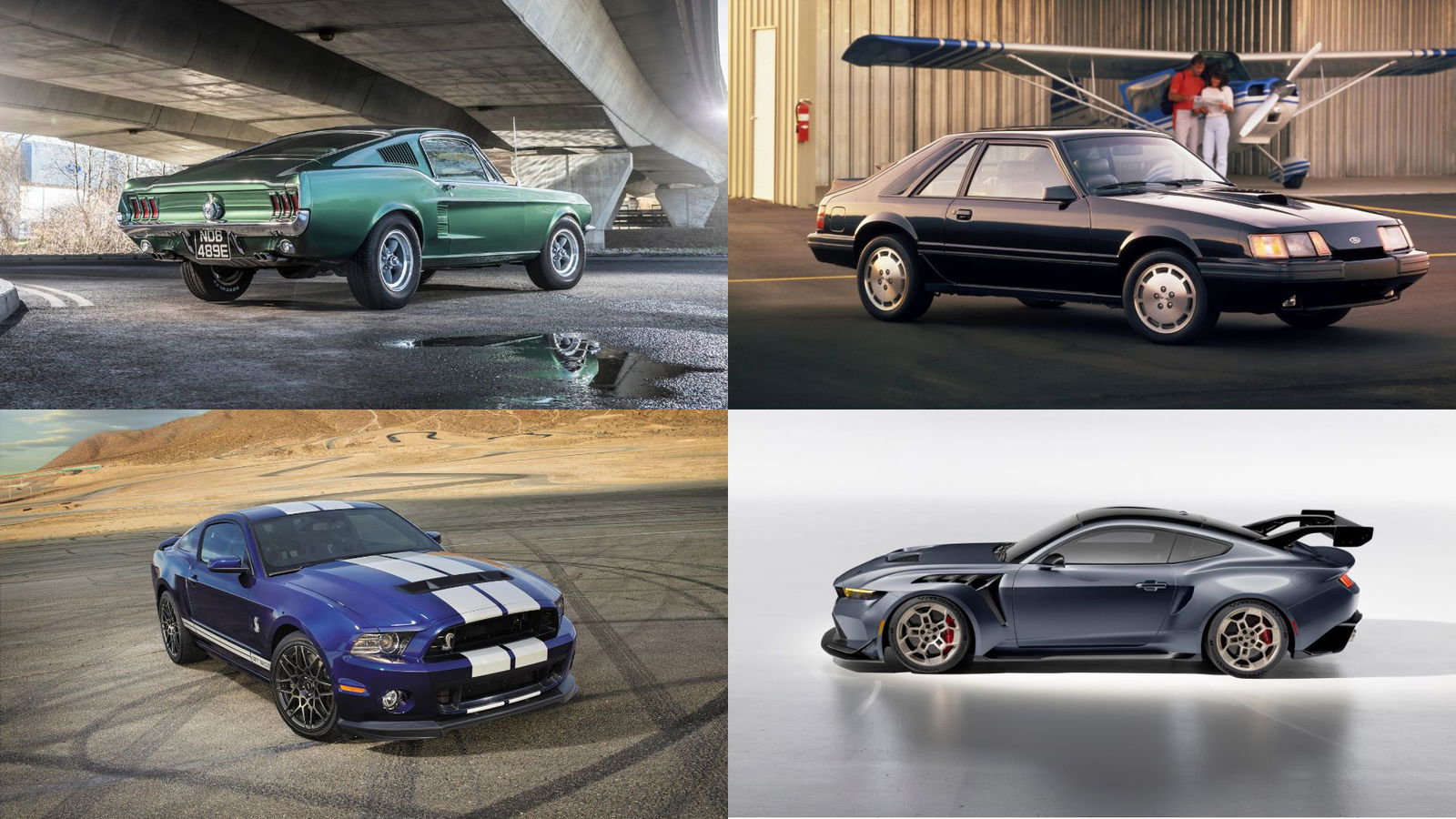Clockwise from top left: Ford Mustang GT 390, SVO, GTD and Shelby GT500