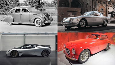 Clockwise from top left: Lincoln-Zephyr, Lamborghini 350GT, Ferrari 166 Inter, GMA T.50