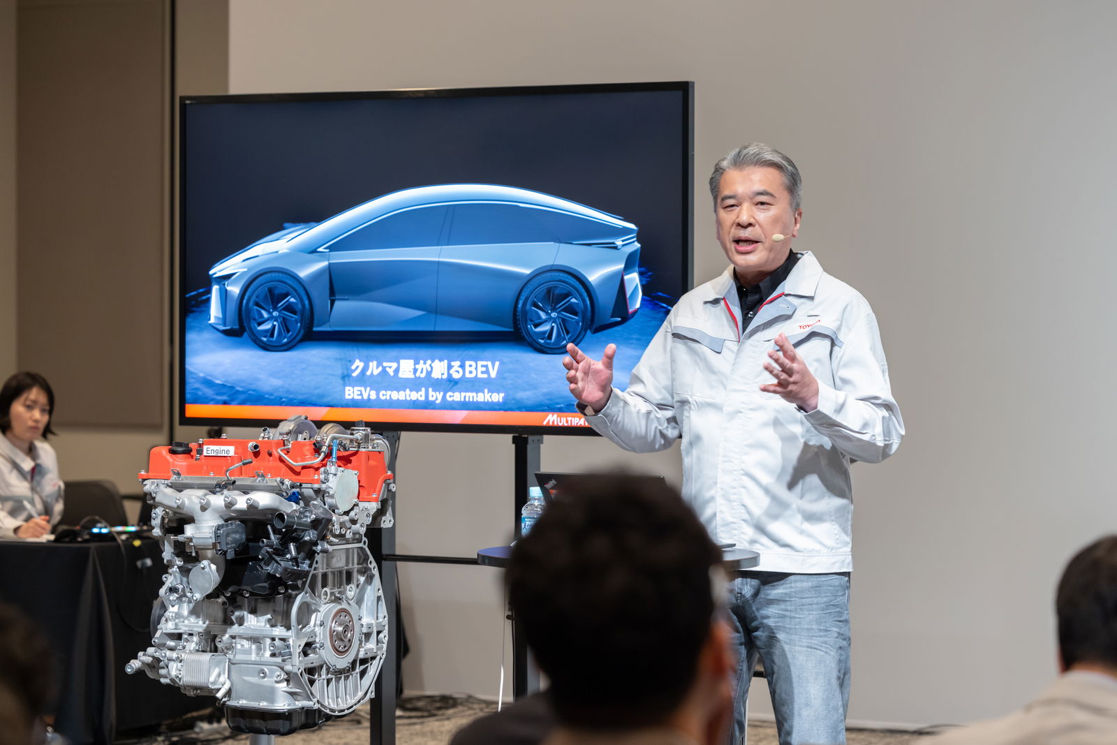 Toyota CTO Hiroki Nakajima with a concept version of the company's new 2.0-litre engine
