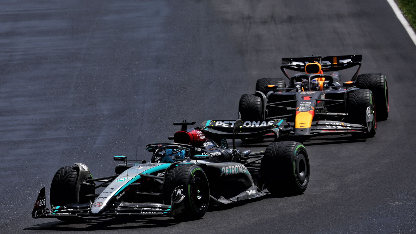 George Russell and Max Verstappen at the 2024 Canadian Grand Prix