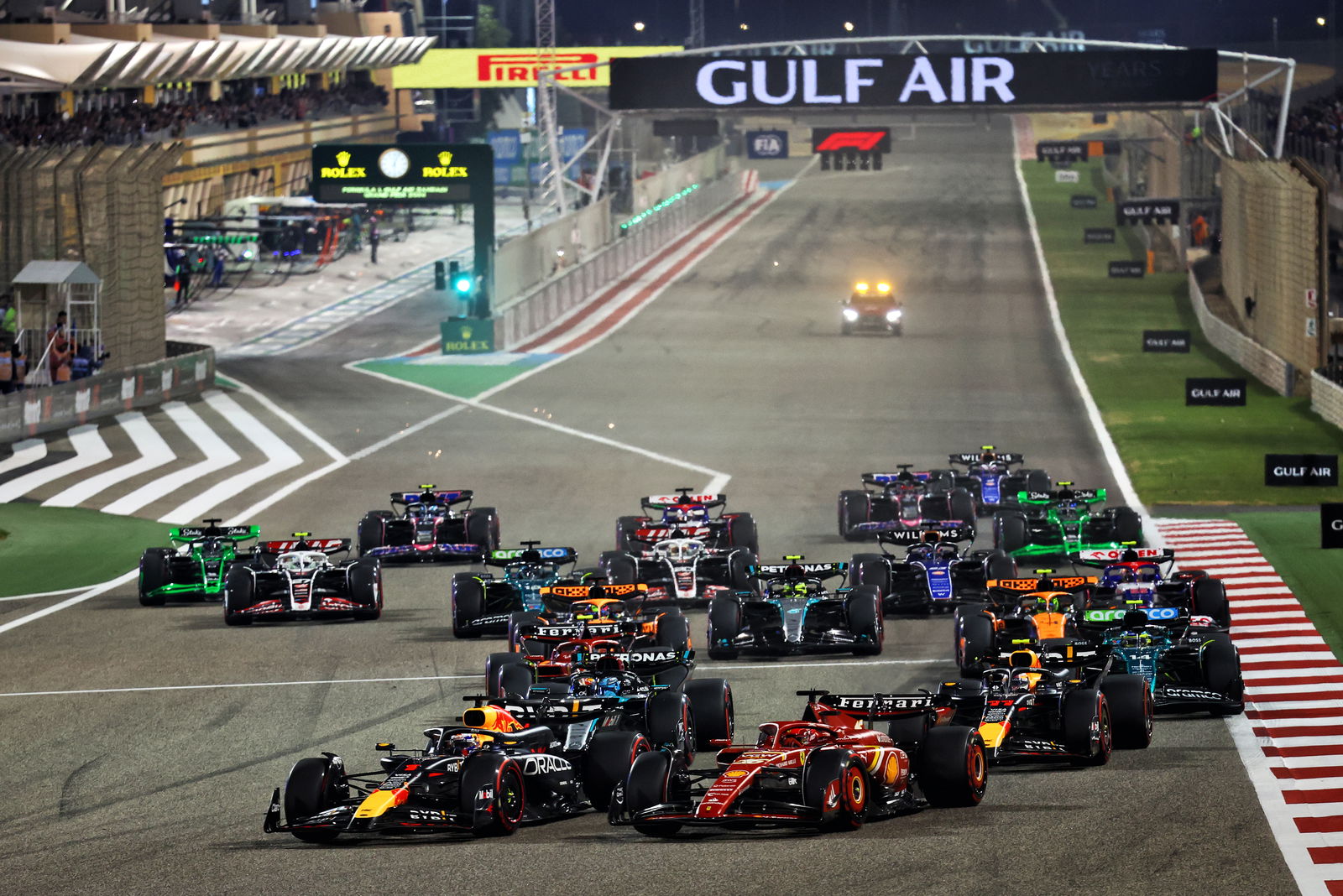 Carbon Fibre on full display Lap 1, Turn 1 in Bahrain  © XPB Images