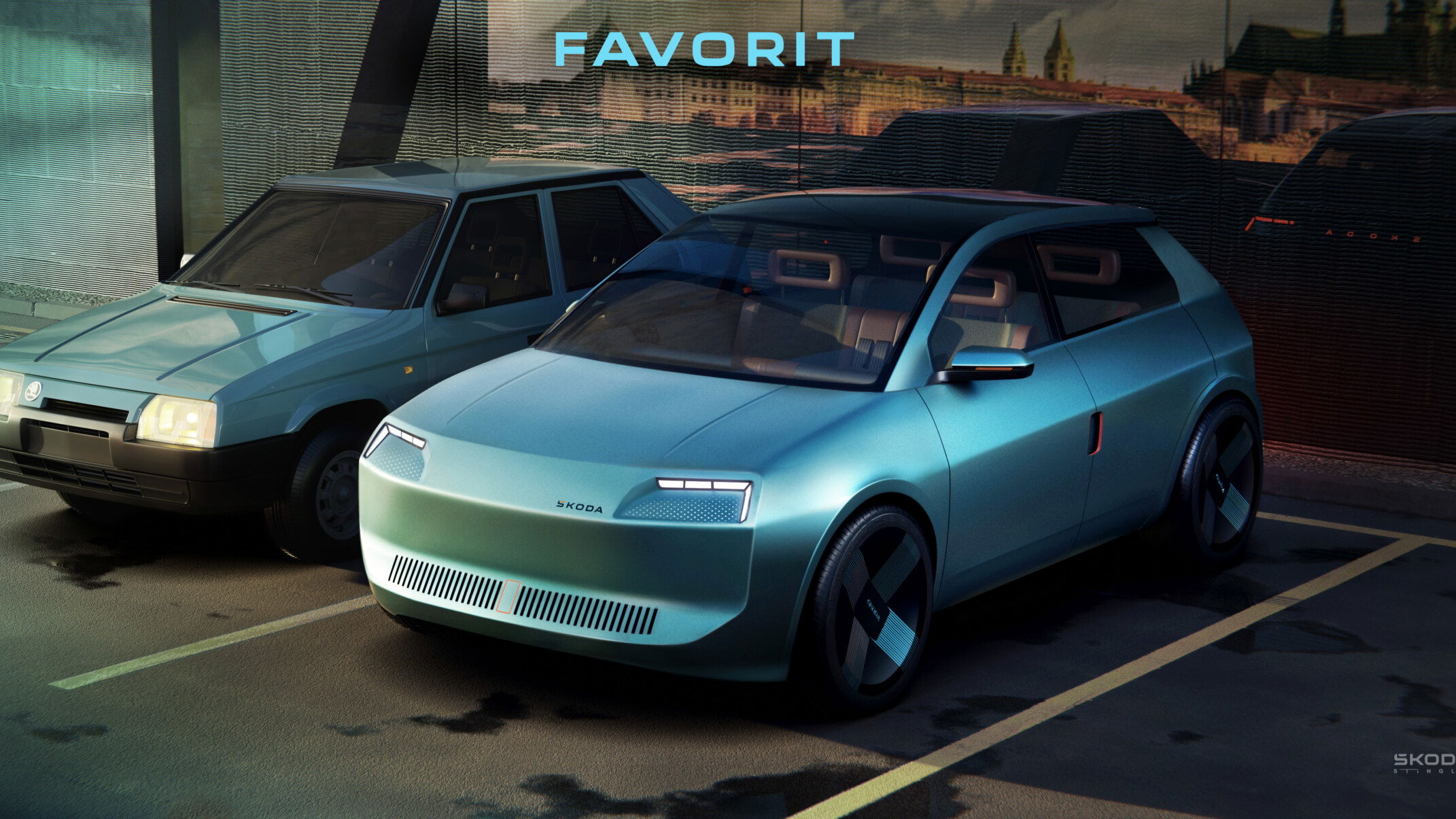 Skoda Favorit EV concept and original - front