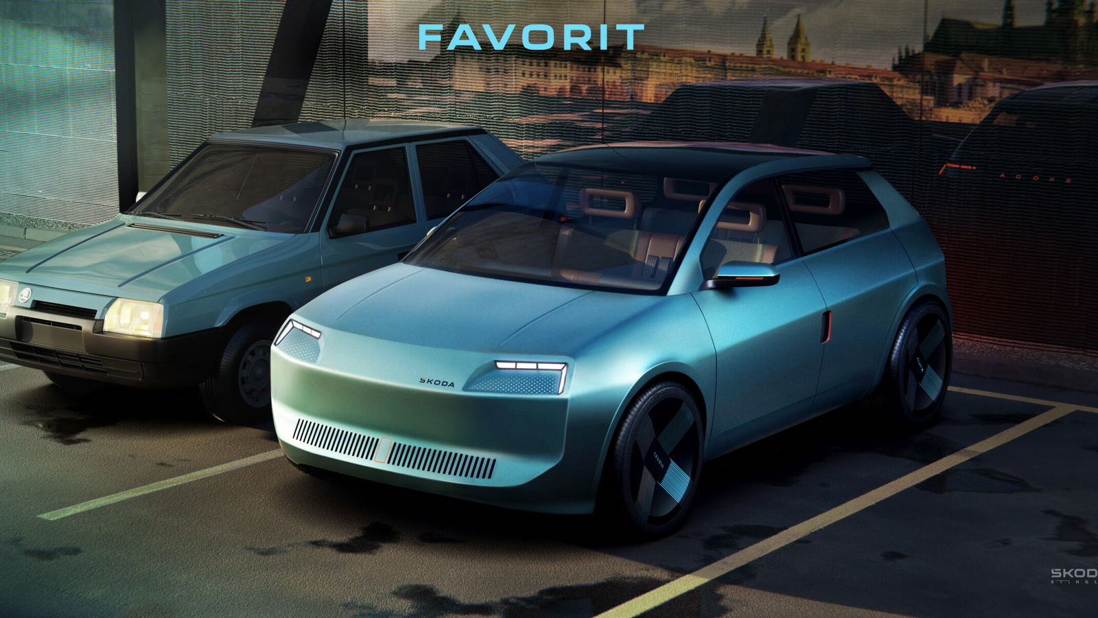 Skoda Favorit EV concept and original - front