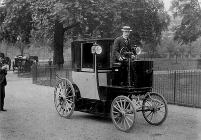 This is a photo of a Bersey electric taxi, taken in 1897.