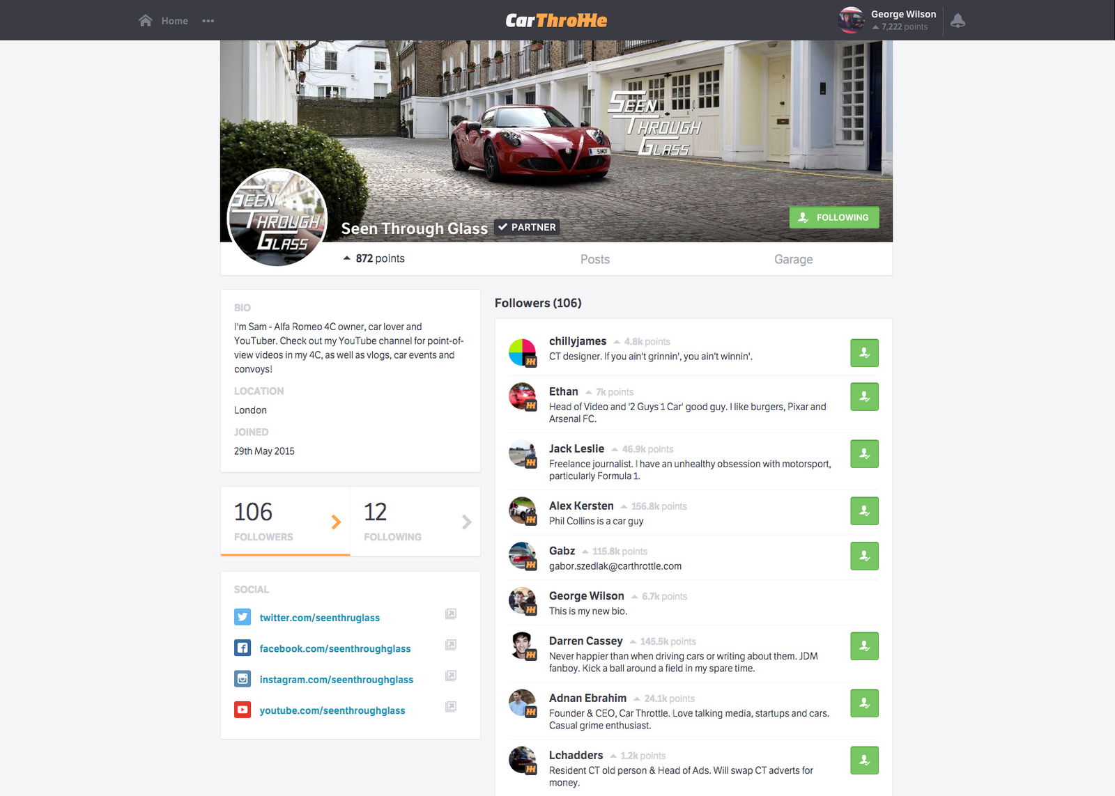 Our friend SeenThroughGlass's brand spanking new profile page with followers