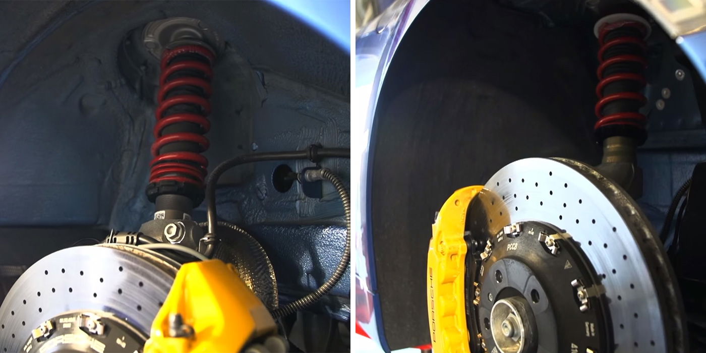 GT4 uses 911 GT3 front suspension (left), and a bespoke setup at the rear (right). (Image: YouTube/ChrisHarrisOnCars)