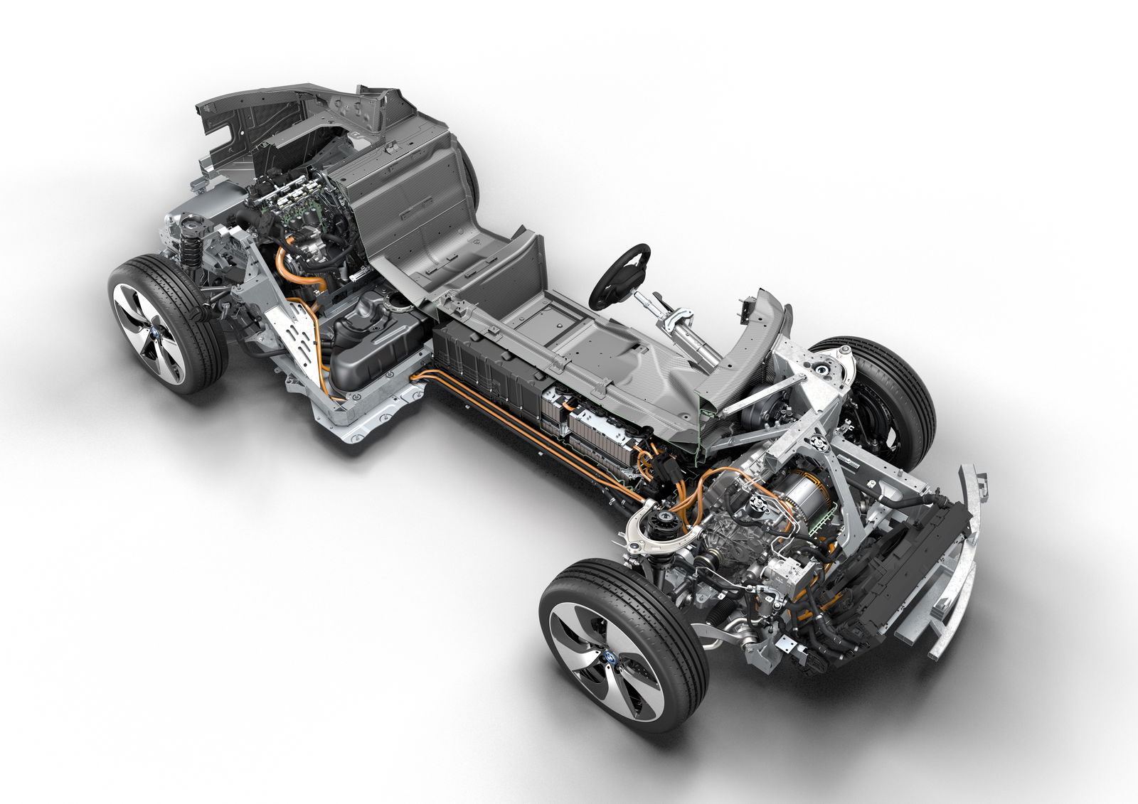 At the front sits the electric motor. At the rear sits the ICE and in the middle you'll find the batteries