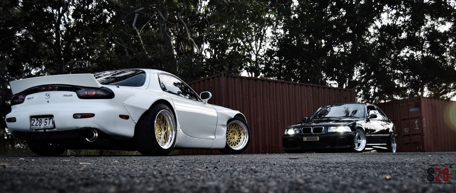 Leo's finished car with friend Andrew's E36 looking menacing in the background