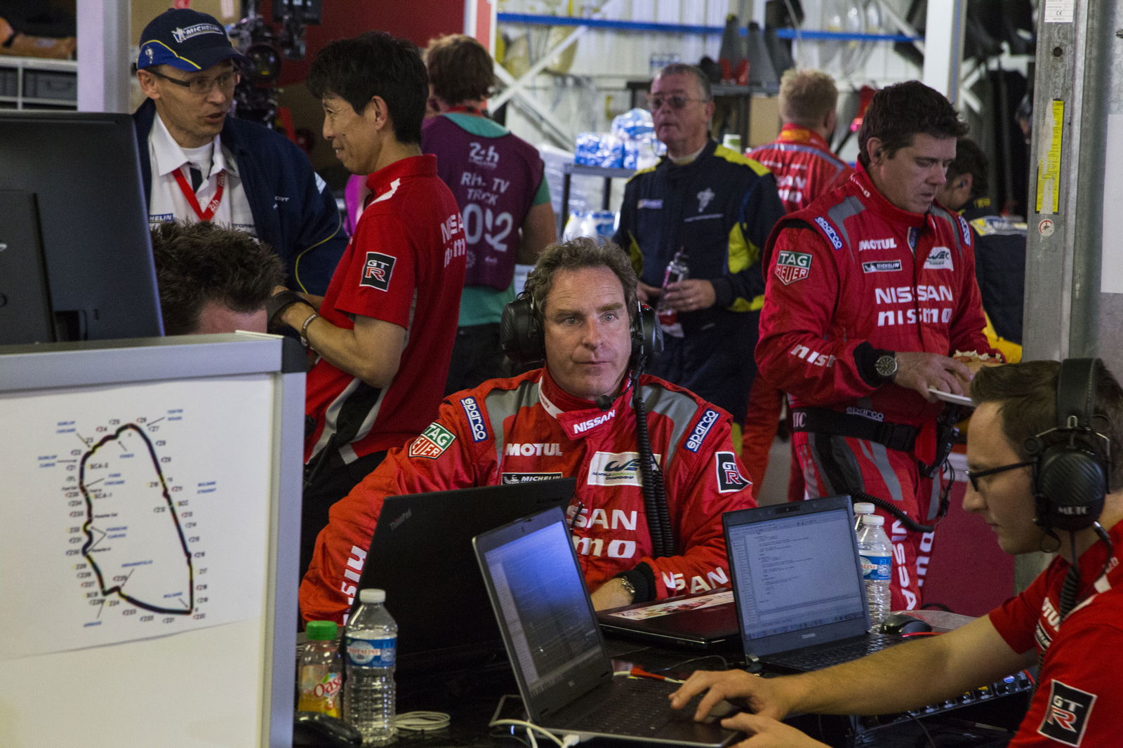 A look inside Nissan's pit garage during the early hours of the race 