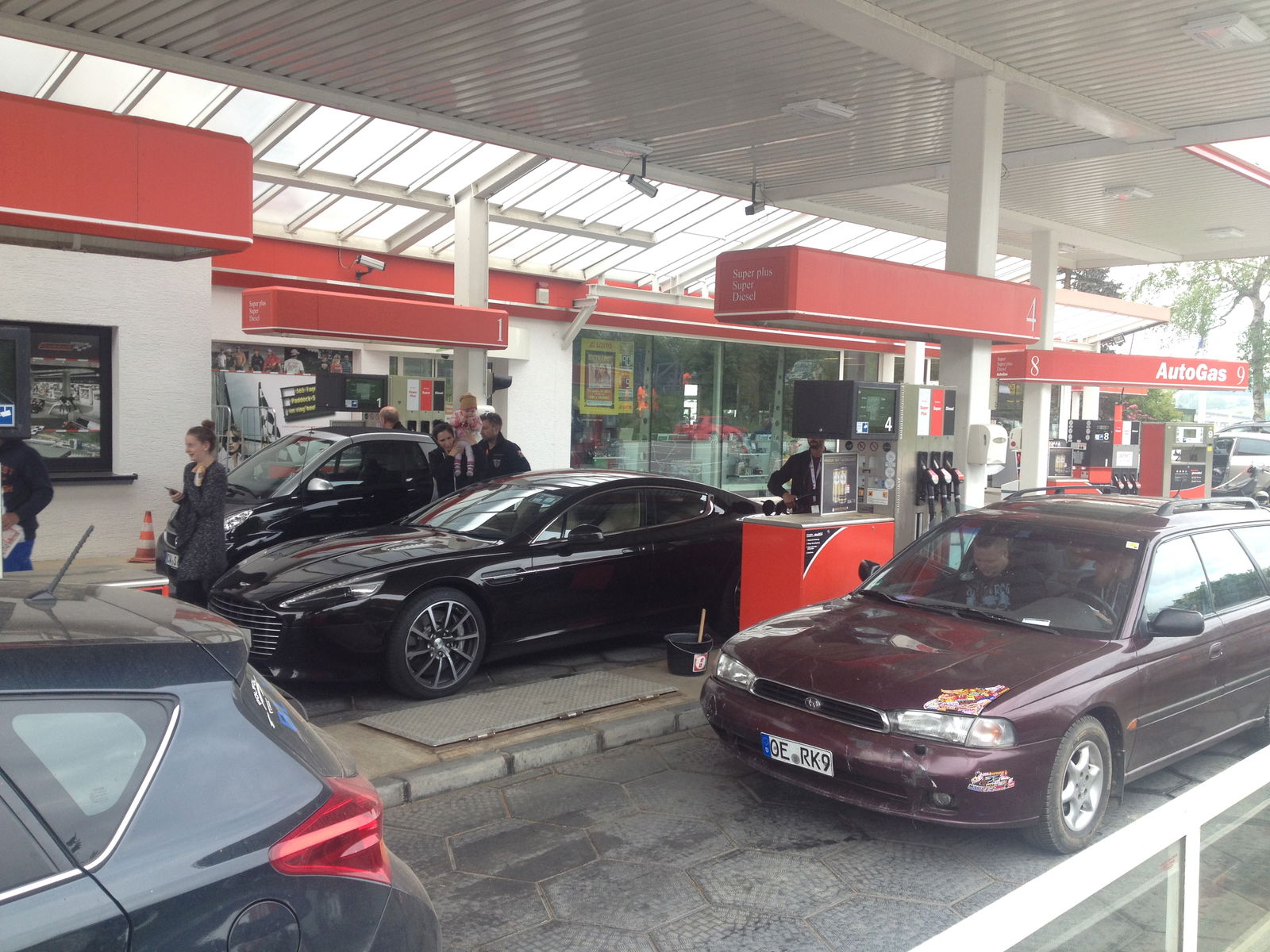 Filling up the thirsty V12 Aston before we headed to our N24 car park