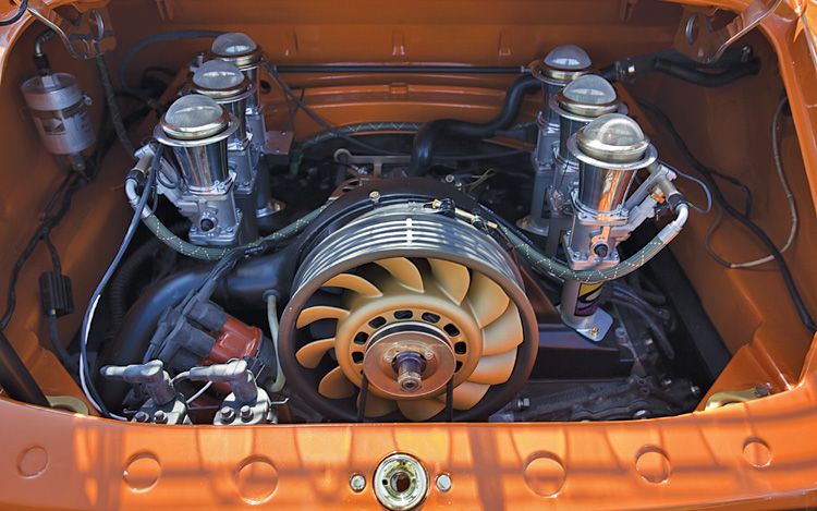 The distinct rear fan used to pull heat from this Singer 911's engine bay