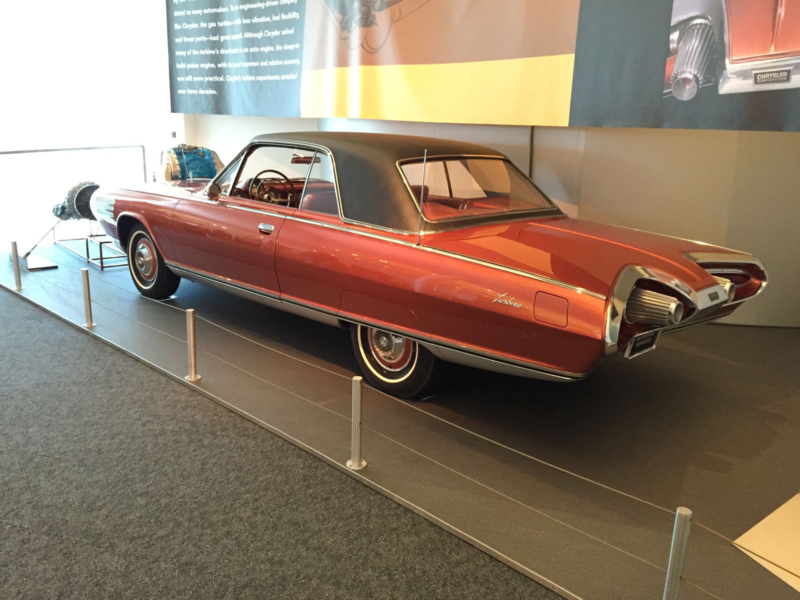One of only nine surviving Chrysler Turbine cars, on display at a museum.