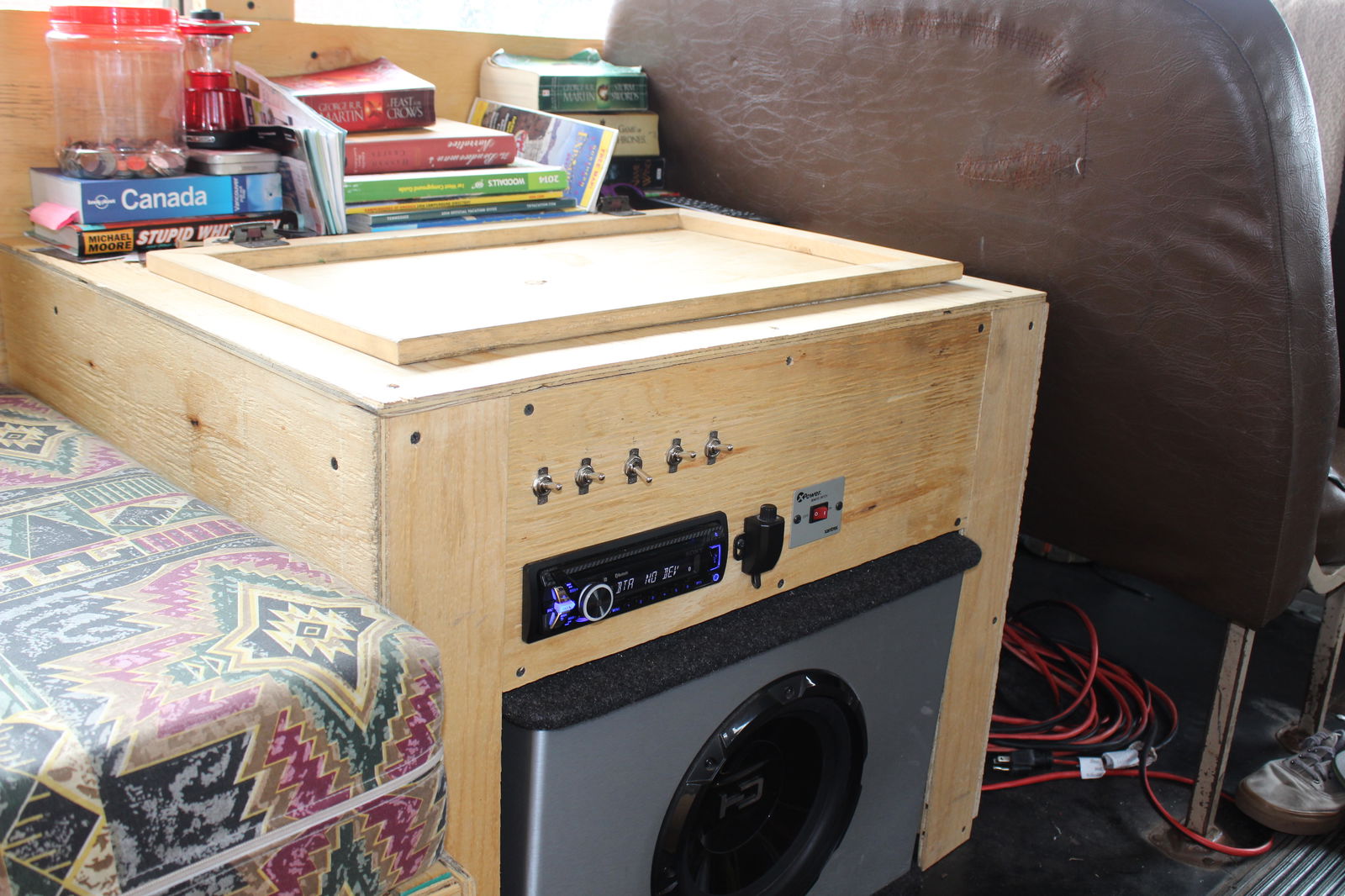 Electrics box, with stereo and switches for extras like the fridge.