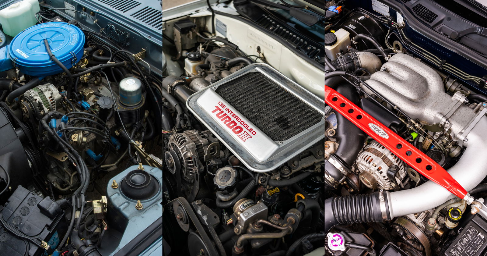 From left to right: the FB's carbureted 12A, the FC's turbocharged 13B, and the FD's twin-turbocharged 13B