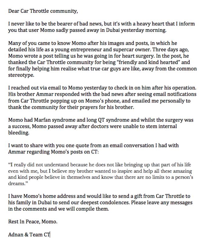 Adnan's letter to the community about Momo's passing
