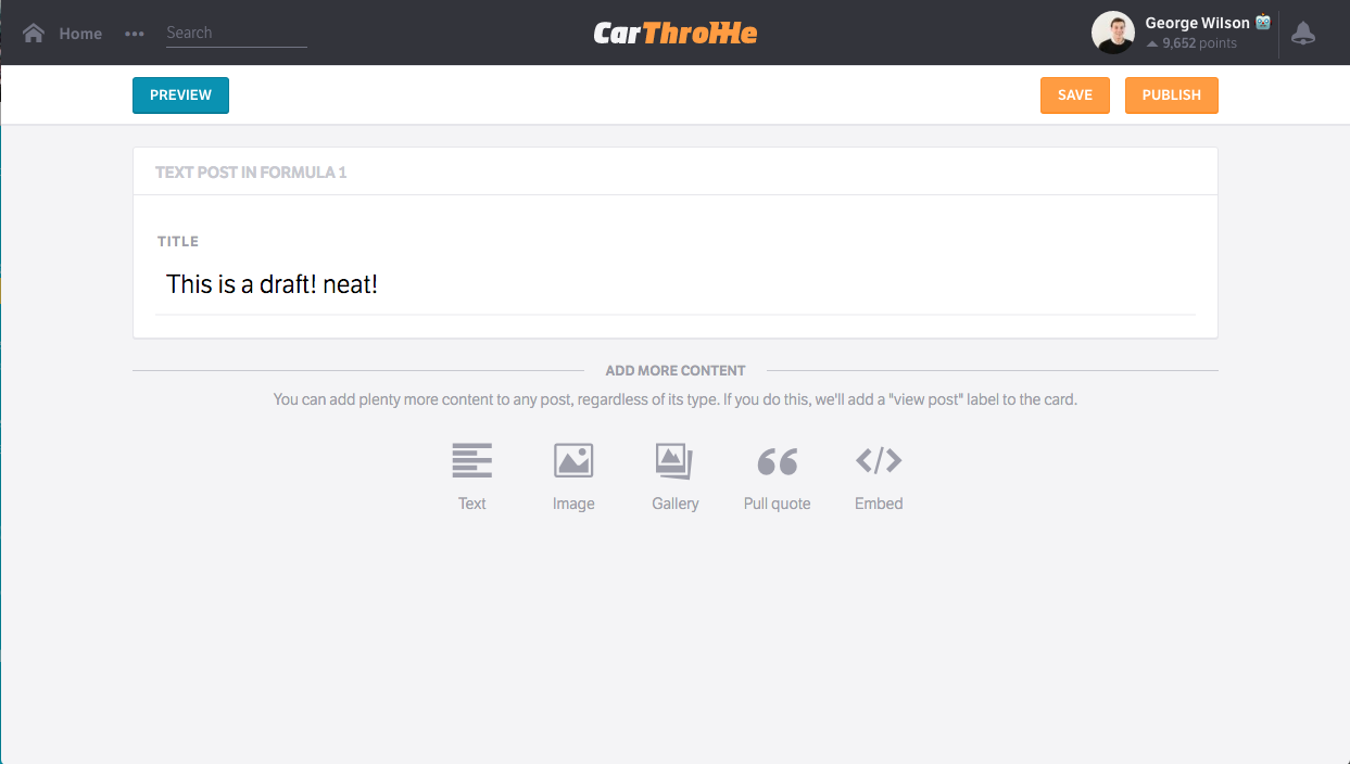 You can come back later to edit a draft. From there you can preview the post, save it, or publish it to CT.