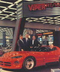 The Dodge Viper RT/10 appeared at the North American International Auto Show in Detroit, Michigan, on the fourth of January in 1989 as a concept; people crowded around twelve people deep to see the Corvette's serpentine challenger.