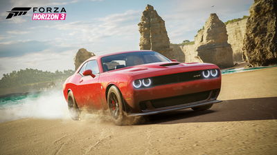 The Challenger Hellcat, like several other cars, is a pre-order car (Gamestop is its retailer, along with being the one for the Ferrari 488 GTB), but if you look in the background, it looks like there's no guardrail to the water.