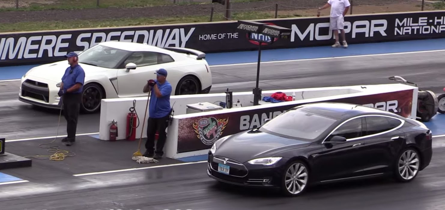 Although the Tesla will probably get off the line quicker, the back-EMF in the electric car will allow the GTR to come powering past once fully up to speed.