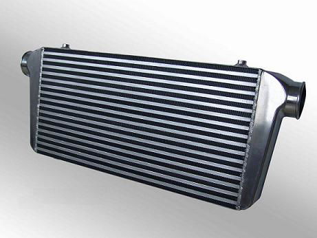 This air-to-air intercooler has large inlet and outlet diameters to reduce restriction on the high pressure air flow