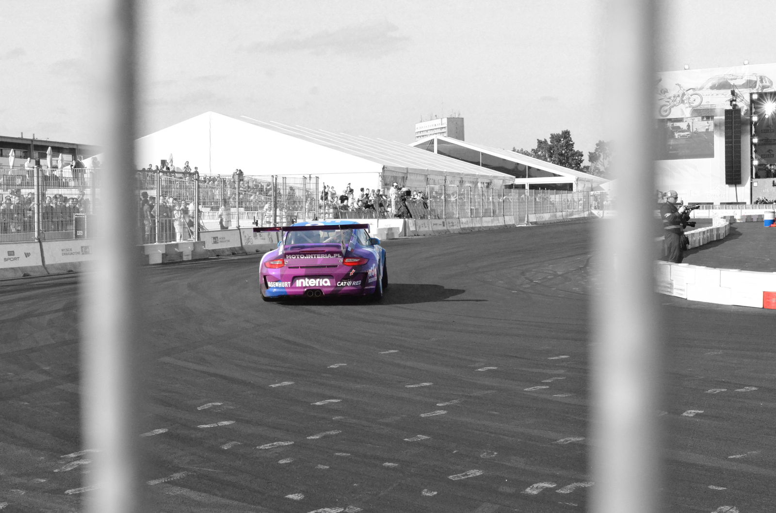 The Porsche is also in the middle of a slide