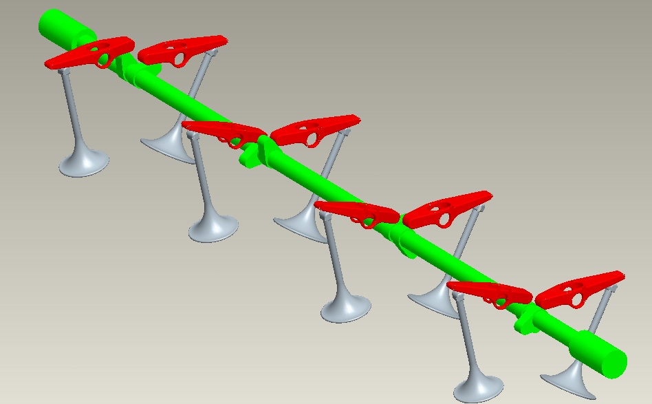 This CAD render shows the camshaft and its lobes (green) and their relationship with the rocker arms (red) and the valves (grey)
