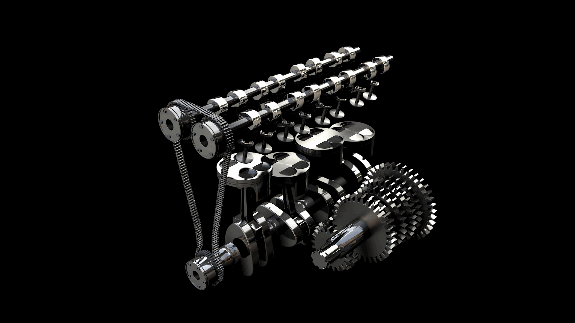 Here you can see a timing chain with the cams and crank rotating in unison