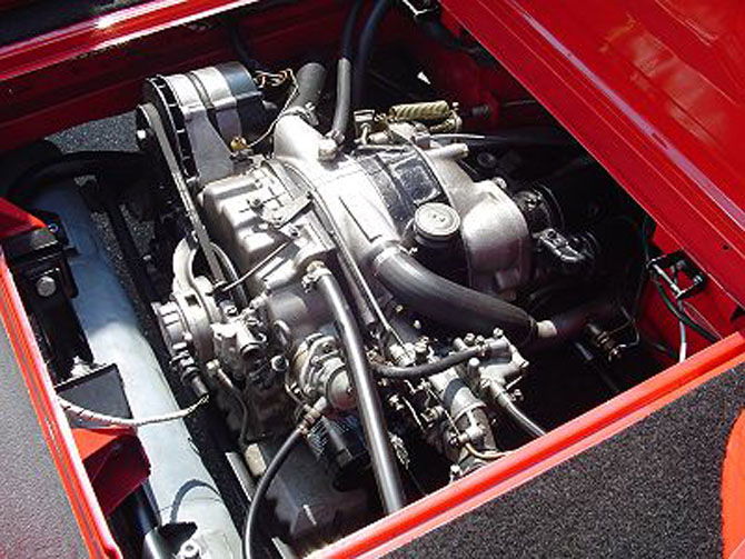 The engine of an NSU Wankel Spider, the first mass-produced rotary-powered car.