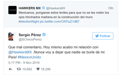 Mexican F1 Driver Sergio Perez Just Told A Sponsor To GTFO After Trump Joke