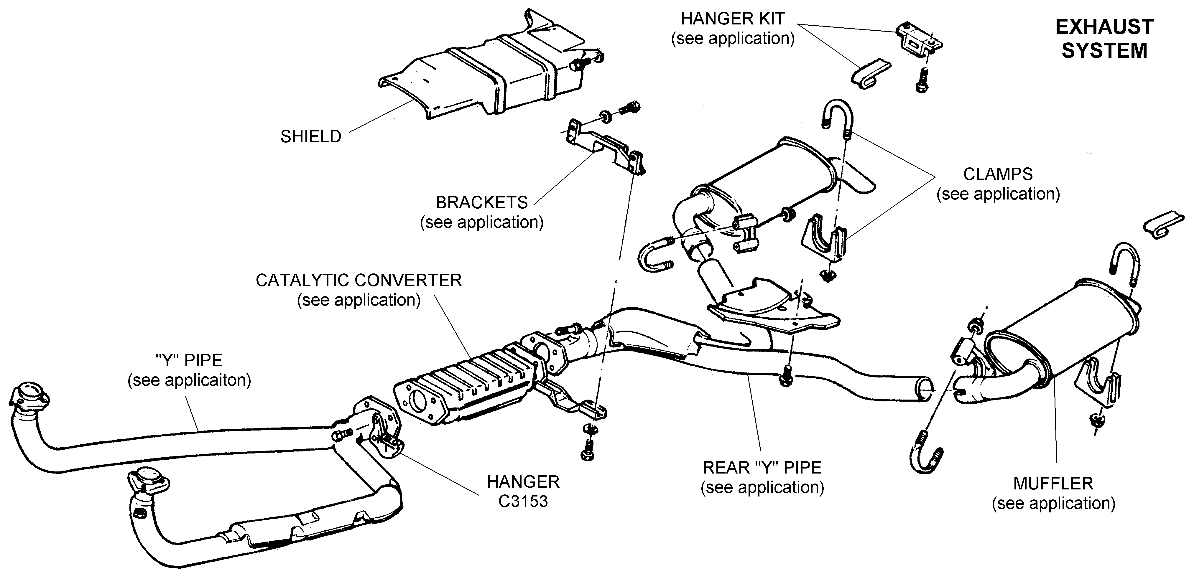 An exhaust system from an old Chevy, showing the placement of the catalytic converter