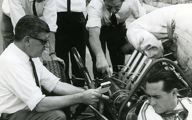 Phil Irving with Jack Brabham at the Tasman Series round at Sandown, february 1966