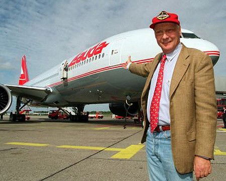 Niki Lauda standing next to one of his airline's Boeing 767s; identical to Flight 004.
