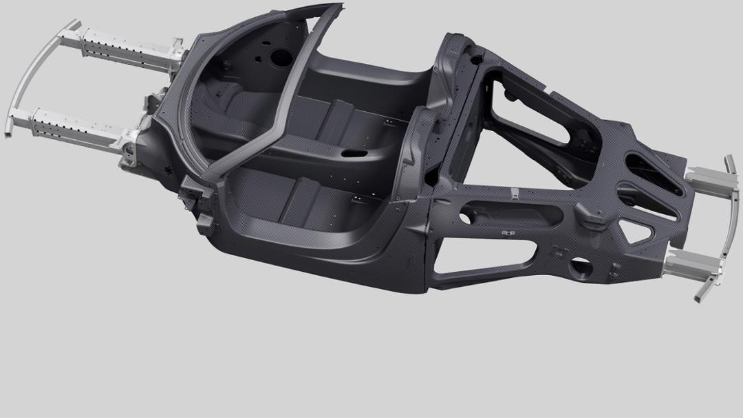 The carbon tub of a Porsche 918 Spyder, with no clumsy steel bracing in sight