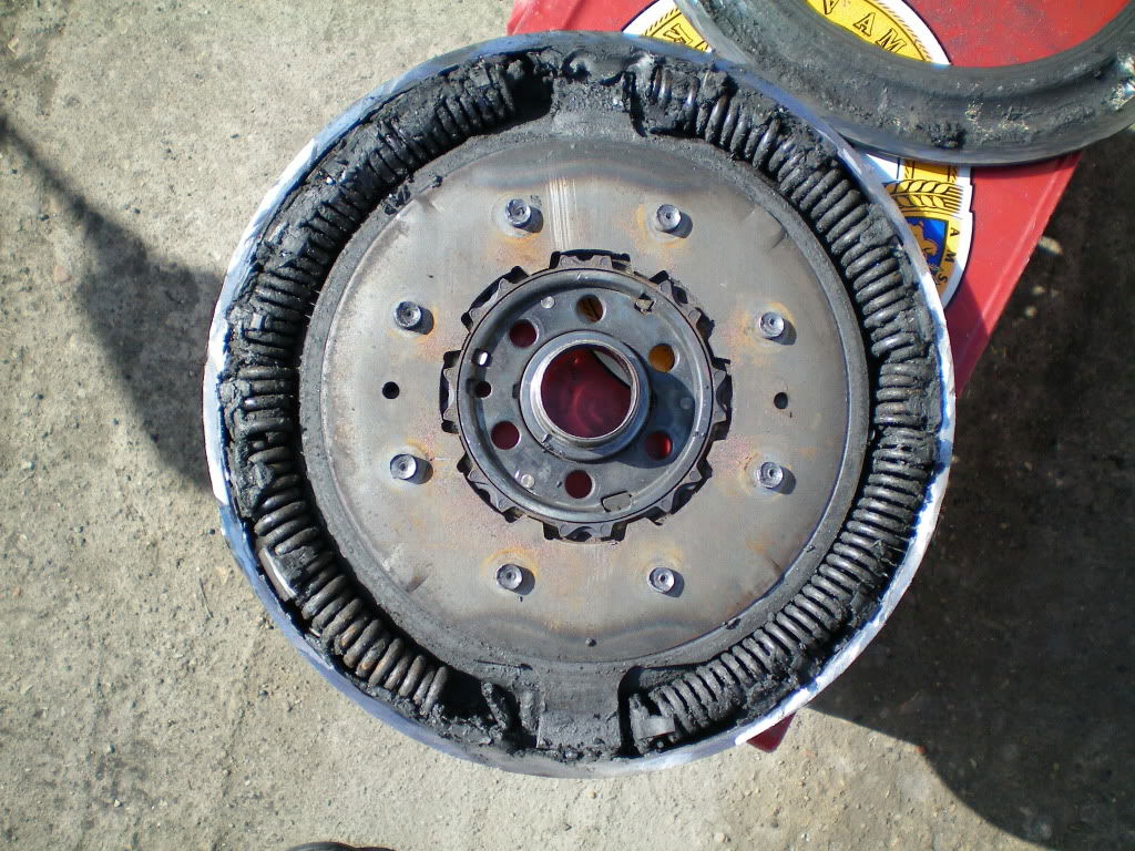 The innards of a well-used dual-mass flywheel