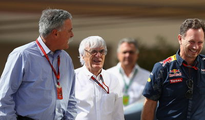 Bernie with Chase Carey and Christian Horner