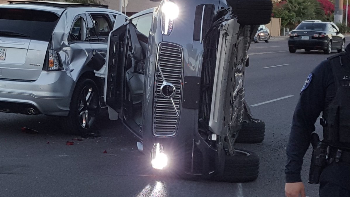This Self Driving Uber Vehicle Is On Its Side After A Collision In Arizona.