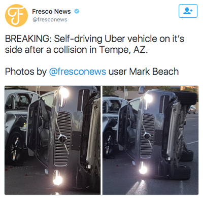 This Self Driving Uber Vehicle Is On Its Side After A Collision In Arizona.