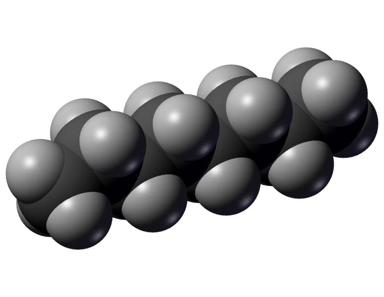 An octane molecule. The light grey atoms are hydrogen, and the dark grey atoms are carbon.