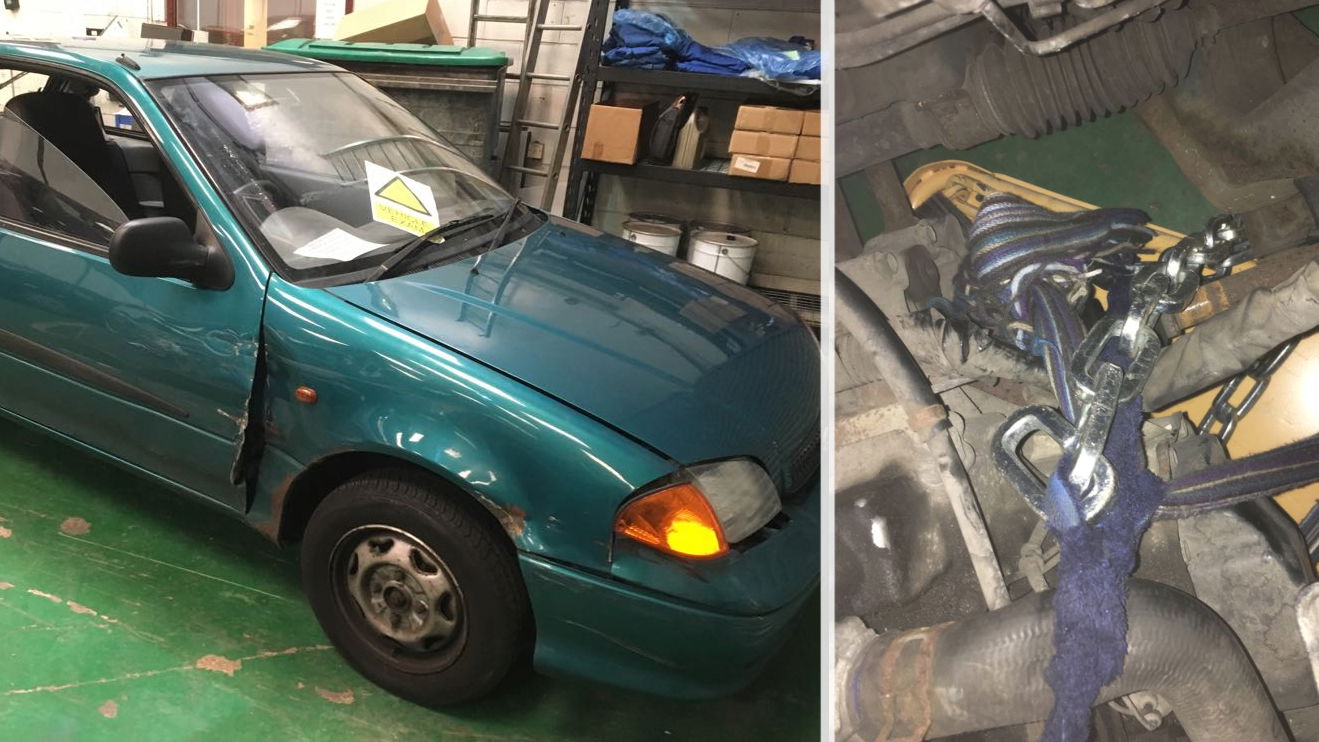 This Unbelievable Wreck Was Caught Driving With Its Suspension Held Together By A Scarf