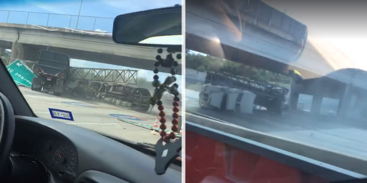 This Idiotic Truck Crash Rips A Freeway Gantry To The Floor