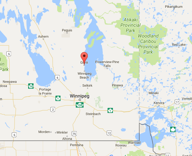 Location of Gimli, Manitoba, north of the city of Winnipeg