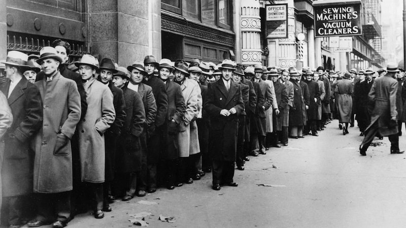 Unemployed workers lining up for free food