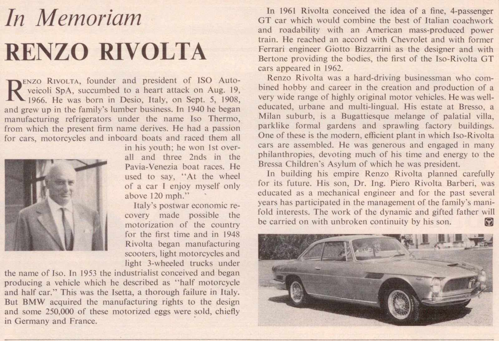 A newspaper article in memoriam of Renzo Rivolta.